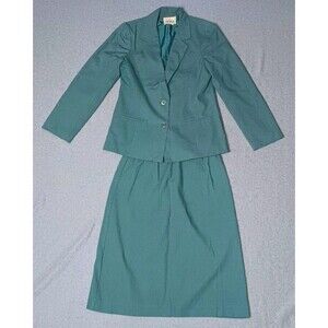 Vintage Devon Skirt Suit Set Womens Size 10 Light Blue Blazer Jacket Pockets...